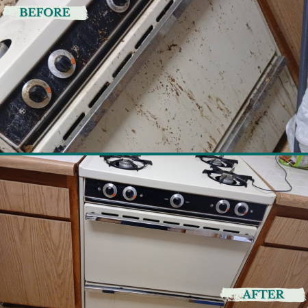 Professional kitchen deep cleaning service focusing on stove and appliance surfaces